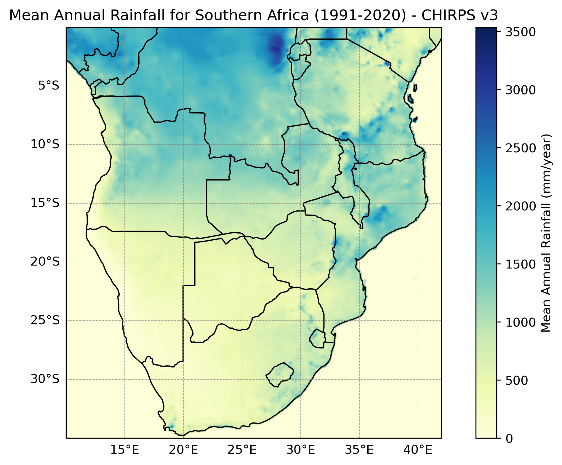 Mean annual rainfall over Southern Africa (1991-2020) derived from CHIRPS v3 at 0.05° resolution.